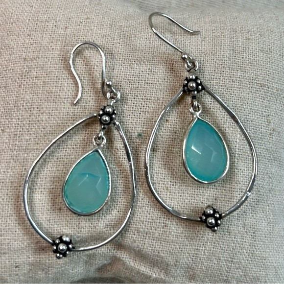 Aqua Chalcedony Teardrop Dangle Earrings Handcrafted Sterling Silver Marked 925 - Picture 1 of 4